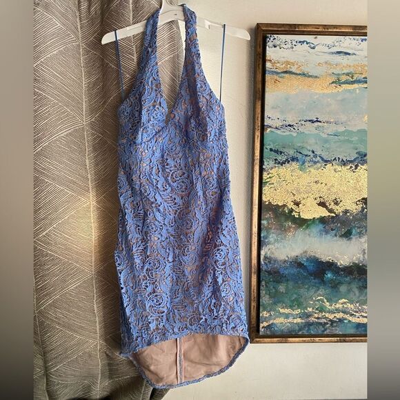 The Jetset Diaries Mini Dress Womens Sz Small Blue Halter Neck Lace Embroidered - Picture 12 of 14